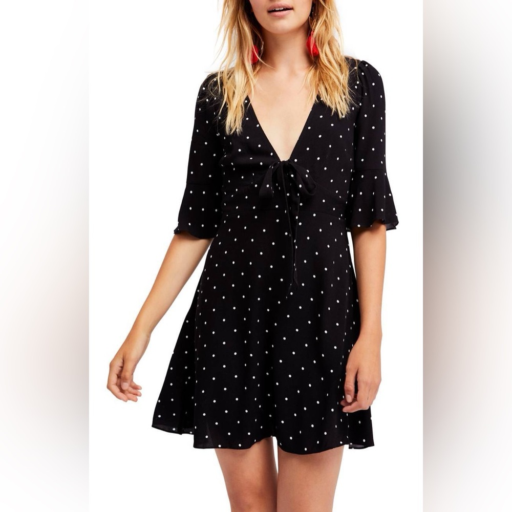 Free People Black Polka Dot Mini Dress Size 4 Front Tie